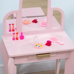 HOMCOM Kids Dressing Table Set Kids Vanity Set w/ Drawer, Mirror - Pink