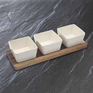 Snack Dish w/ Wood Tray 3pcs Serving Board Party Sauce Chips Dips Platter Bowls