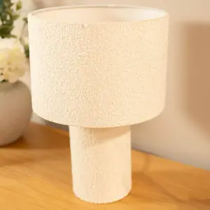 ValueLights Ash Natural Cream Boucle Bedside Table Lamp with a Drum Lampshade - Bulb Included