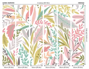 Origin Murals Tropical Patterned Leaves Green & Pink Matt Smooth Paste the Wall Mural 300cm wide x 240cm high