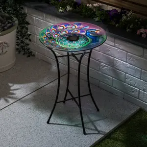 Glass Bird Bath Solar Powered LED Garden Outdoor Decoration Metal Stand Peacock Christow