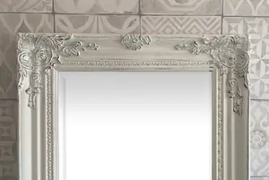 Antique White Tall Ornate Dressing Wall Mirror with Bevelled Glass