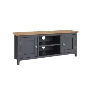 2 Door Solid Oak Ready Assembled TV Unit Graphite Blue