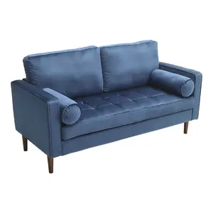 Blue Double Sofa 2-Seat Velvet Sofa with Bolster Pillows