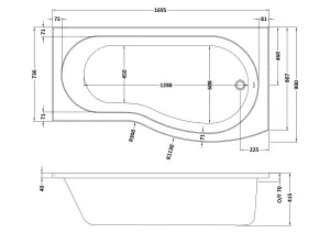 B Shape Bathtub, Front Panel and Bath Screen with Rail - Chrome Profile