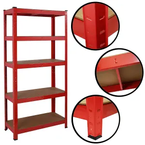 House of Home Heavy Duty Garage Shelving Unit - 5 MDF Shelves - 875 kg Max Load Units - Red - 30 x 70 x 150 (cm)