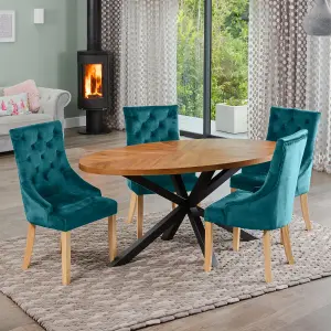 Dosenna Oval Dining Table Set with 4 Ravenna Velvet Chairs - Teal