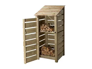 Slatted wooden log store with door and kindling shelf W-79cm, H-180cm, D-88cm - natural (light green) finish