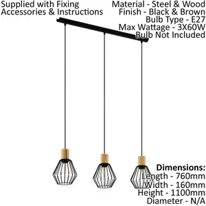 Hanging Ceiling Pendant Light Black Cage & Wood 3x E27 Bulb Kitchen Feature