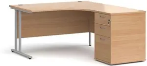 Office Desk | Right Hand Corner Desk 1400mm With Pedestal | Beech Top With Silver Frame | Maestro 25