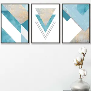 Set of 3 Aqua Blue Abstract Mid Century Geometric Wall Art Prints / 42x59cm (A2) / Black Frame