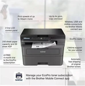 Brother DCP-L2627DWE Wireless Compact Three-In-One Mono Laser Printer With 4 Months Ecopro Subscription, Black