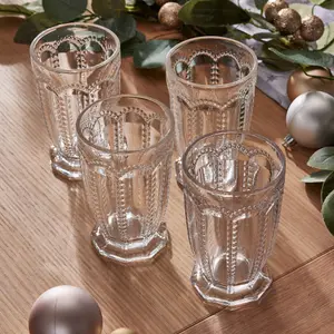 Set of 4 Vintage Luxury Clear Embossed Drinking Tall Tumbler Glasses 340ml