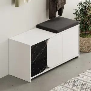 Decortie Modern Moni Shoe Cabinet White-Gloss Black Marble Effect 3-Door Storage Cabinet with 5-Hook Organiser Set Fabric Seat