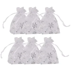 Neel Blue Christmas Gift Bag White Snowflakes Glitter Organza Bag, 7x9cm - Pack of 100