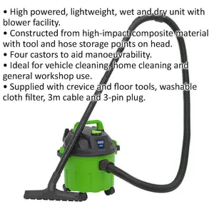 1000W Wet & Dry Vacuum Cleaner - 10L Drum - Blower Facility - High-Vis Green