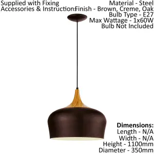 Pendant Ceiling Light Brown with Cream Inner Coloured Steel Bulb E27 1x60W