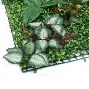 Artificial Green Grass Panel Backdrop, 60cm x 40cm, With Tropical Leaves