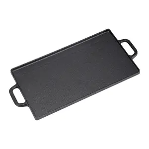 Black Kitchen Rectangular Anti Stick Cast Iron Reversible Griddle Pan W 50cm