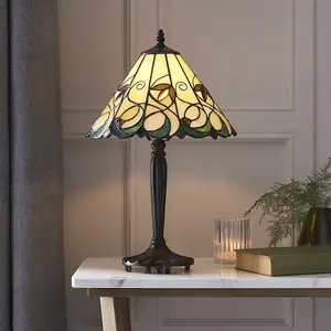 Small Tiffany Glass LED Table Lamp - Floral Design - Dark Bronze Finish