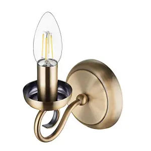 Traditional Antique Brass Wall Light Fitting with Scroll Arm and Pull Switch