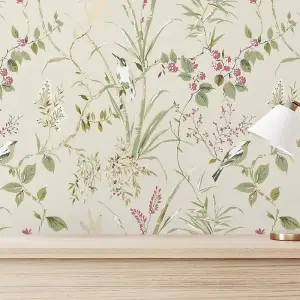 Crown Mariko Floral Treebird Natural Wallpaper M1855