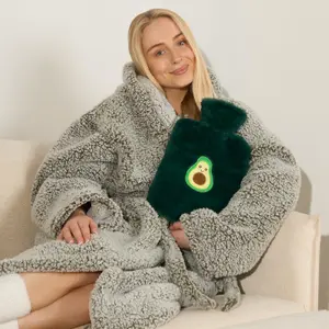 Hot Water Bottle Avocado Embroidered Soft Fleece Winter Warmer Faux Fur Rubber