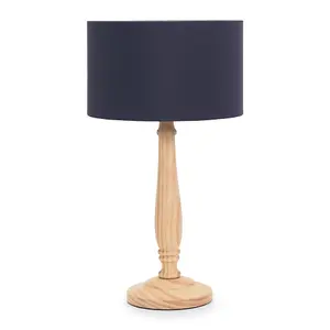 ValueLights Victoria Traditional Light Wood Candlestick Table Lamp with Navy Blue Drum Shade