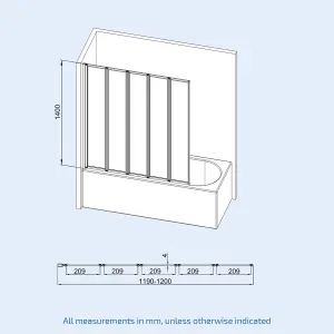 Nes Home 1200 x 1400 mm 5 Fold Door Bath Shower Screen Black Frame