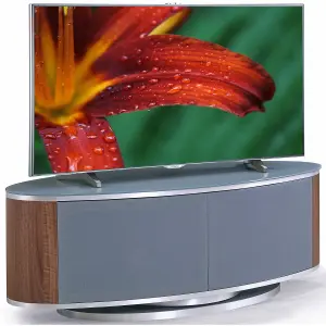 MDA Designs LUNA Grey Oval Cabinet with Walnut Profiles and Grey BeamThru Glass Doors Suitable for Flat Screen TVs up to 50"