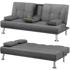 Yaheetech Dark Grey Faux Leather Convertible Sofa Bed with Drop-down Cup Holders and Pillows