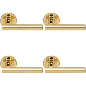 4 PACK - Premium Concealed Door Handle Set - Polished Brass Straight Lever on Round Rose