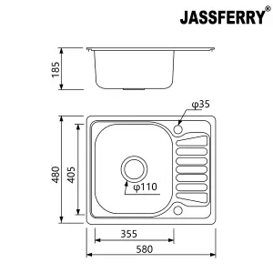 JASSFERRY Inset Kitchen Sink Stainless Steel Single 1.0 Bowl Reversible Drainer 580 x 480 mm