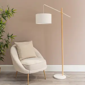 ValueLights Adrianna Wooden Hanging Floor Lamp with White Drum Lamp Shade and LED Bulb