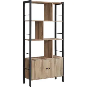 VASAGLE Bookshelf, Storage Shelf, Large Bookcase with Doors, 4 Shelves, Steel Structure, Industrial, Toasted Oak Colour and Black