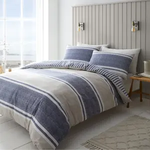 Textured Banded Stripe Reversible Duvet Cover Set with Pillowcases Blue / Single - 1 Standard Pillowcase