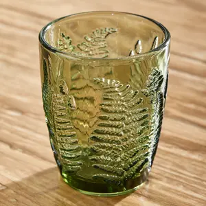 Set of 4 Vintage Luxury Green Leaf Embossed Drinking Glass Tumblers 260ml