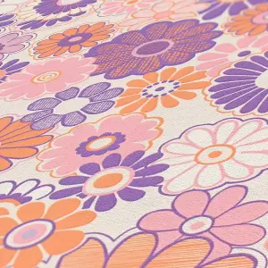 AS Creation Retro Floral Pattern Wallpaper Orange Pink Purple Paste The Wall