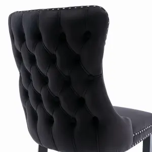 Set of 6 Lux Velvet Tufted Kitchen Dining Chairs with Wooden Legs, High Back Office Bedroom Chairs Black