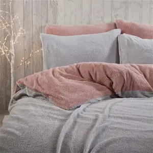 Brentfords Teddy Fleece Reversible Duvet Cover Set, Blush Pink/Grey - Single