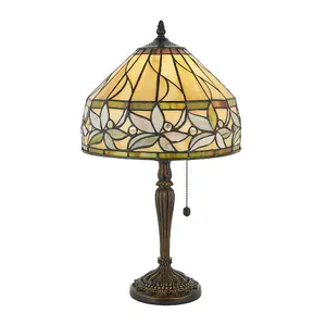 Small Tiffany Glass LED Table Lamp - Floral Border Design - Dark Bronze Finish