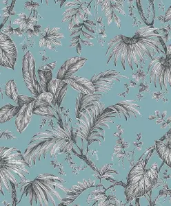 Paste the Wall Soft Teal and Black Botanical Wallpaper