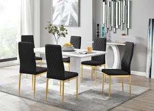 Imperia White High Gloss 6 Seater Dining Table with Structural 2 Plinth Column Legs 6 Black Faux Leather Gold Leg Milan Chairs