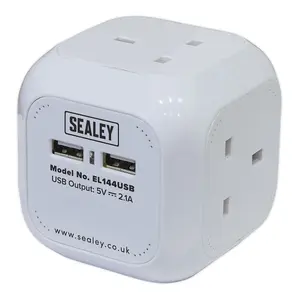 Sealey Extension Cable Cube 1.4m 4 x 230V & 2 x USB Sockets - White EL144USB