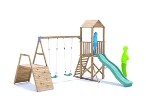 Dunster House Wooden Climbing Frame with Two Swings, Climbing Wall & Slide BalconyFort High Platform