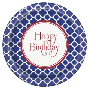 Unique Party Quatrefoil Happy Birthday Party Plates (Pack of 8) Navy Blue/White (One Size)