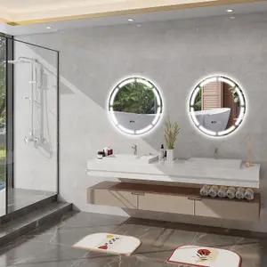 Bathroom Mirror with LED Lights, 600mm Round Wall Mounted Vanity Mirror Illuminated Makeup Mirror with Clock 3 Colour Temperature