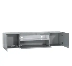 Furneo 200cm Long TV Stand Unit Cabinet Matt & High Gloss Grey Clifton08G White LED Lights