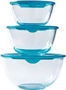 Pyrex - Set Of 3 Resistant Glass Mixing/Salad Bowls With Lids - 0.5L - 1L - 2L - Made In France