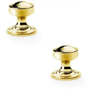 2 PACK - SOLID BRASS Mortice Hammered Georgian Door Knob - Polished Brass 50mm Diameter